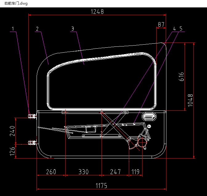电动汽车右前车门的设计(含CAD图,SolidWorks,IGS三维图)