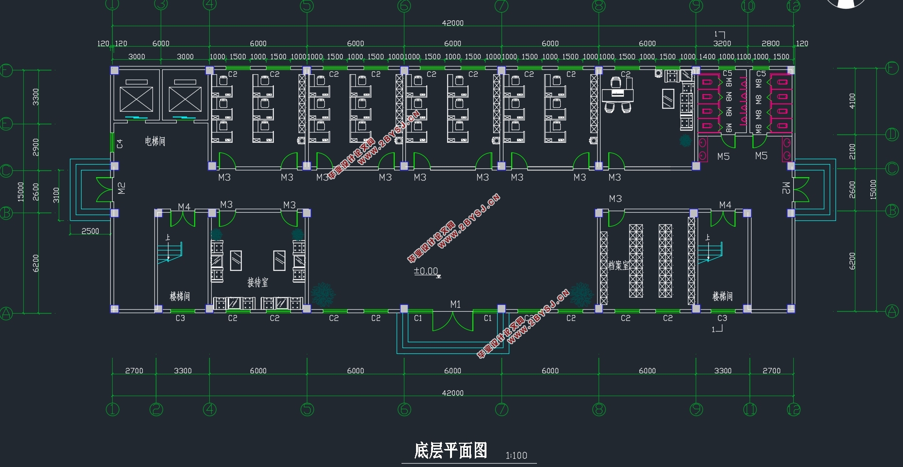 四层2520平米三跨框架结构徐州某科技园办公楼设计(含建筑图结构图)