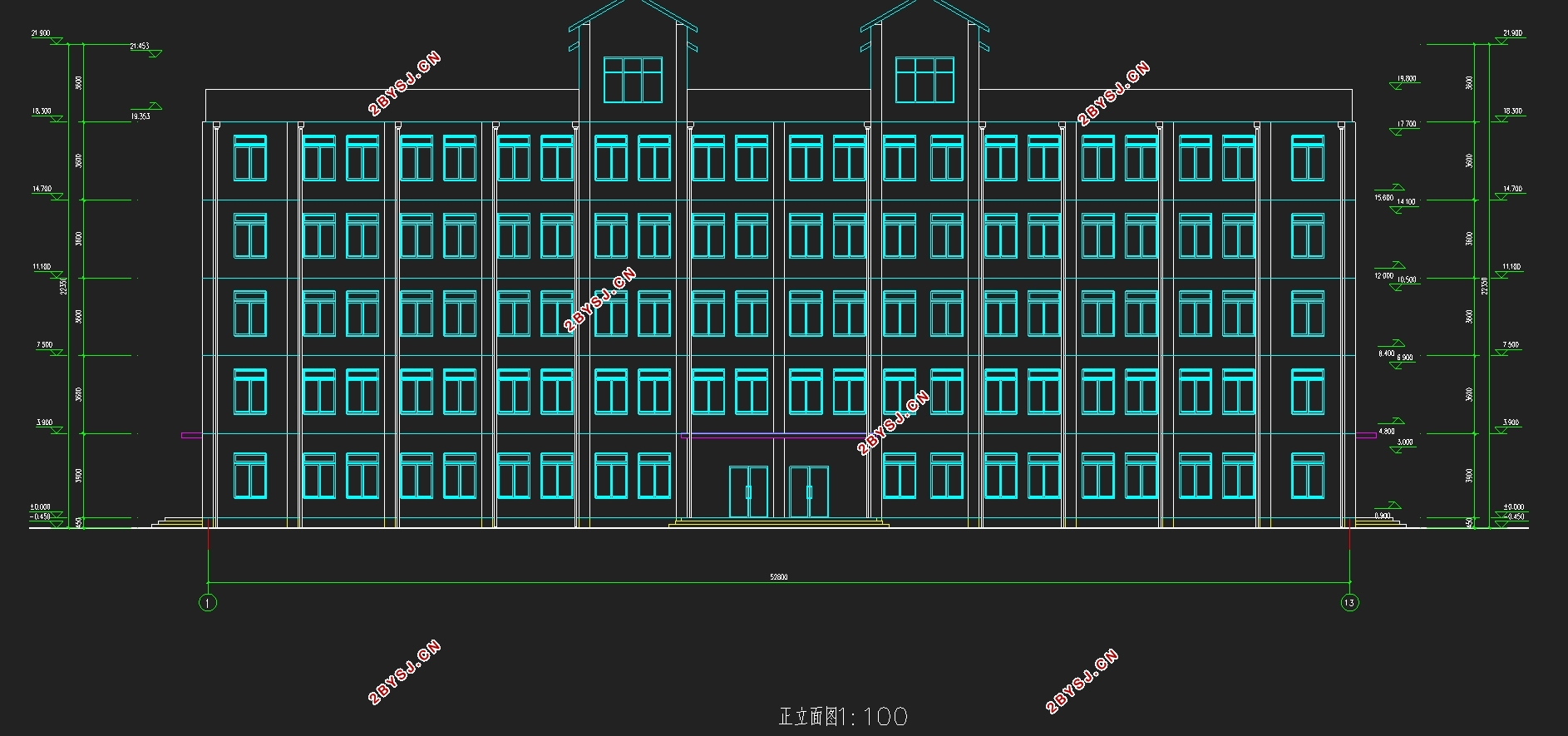 三跨五层5544平米江苏昆山某大学综合楼设计(含建筑图结构图)