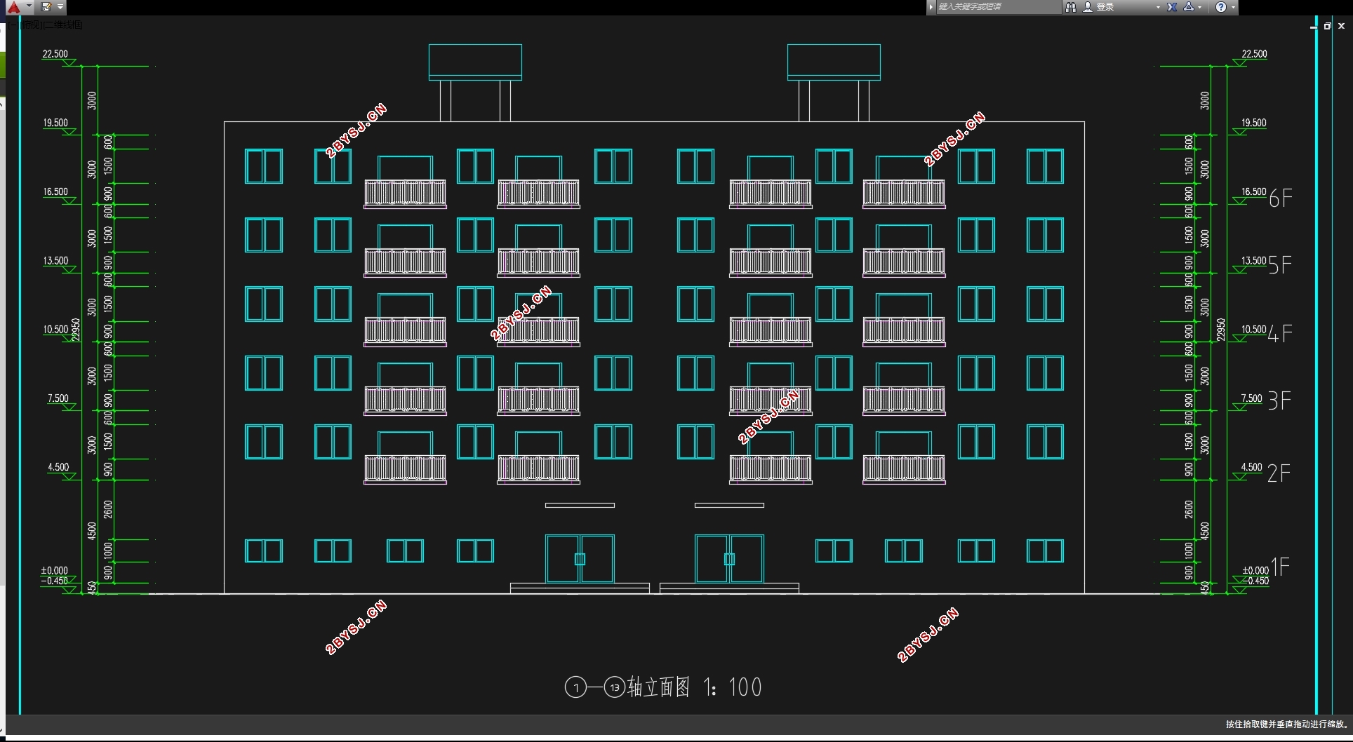 六层2500平米上海市海滨花园住宅楼(底层商铺)设计(含建筑图结构图)