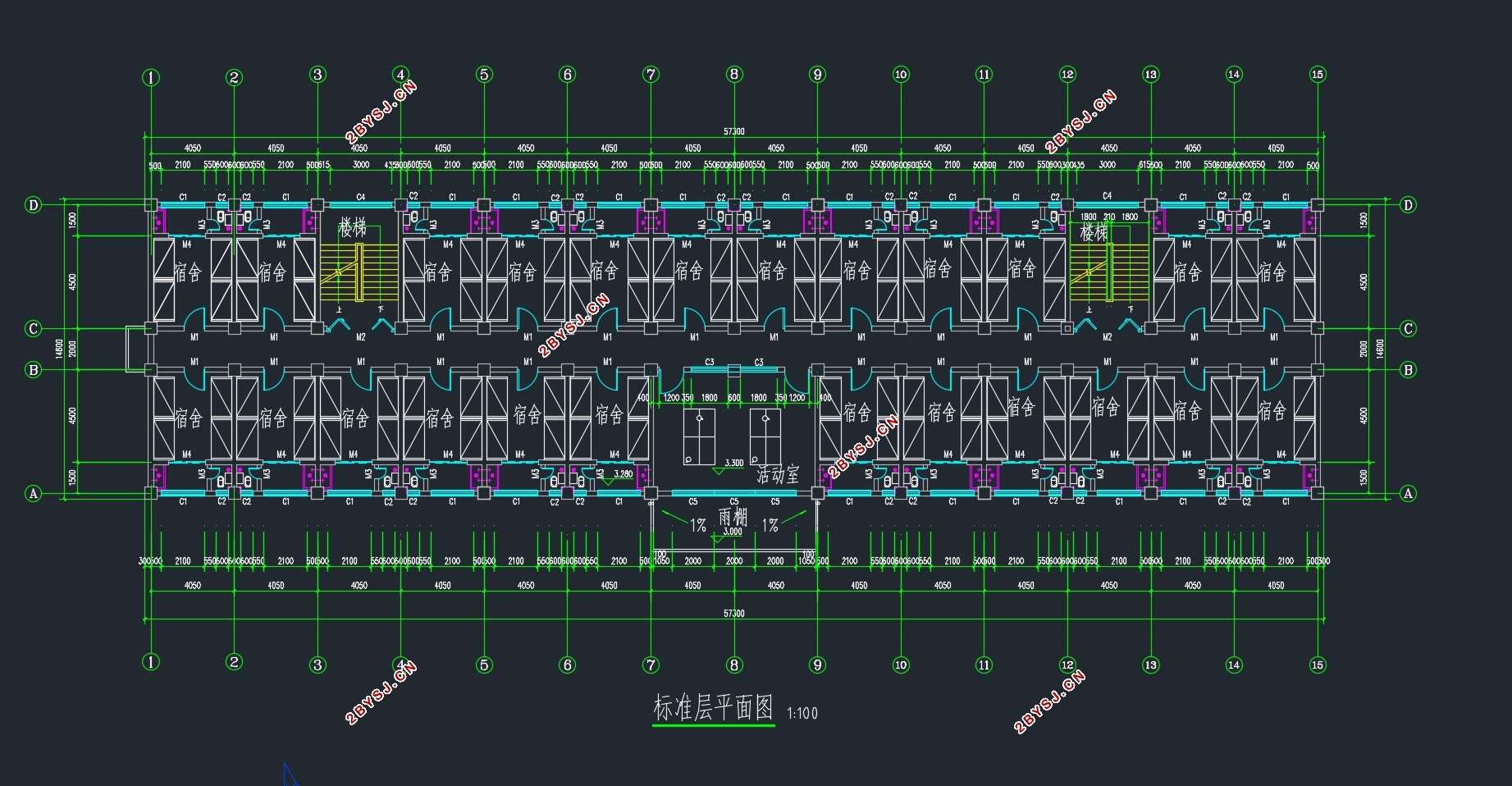 四层3346平米常州某大学学生宿舍楼设计(含建筑图结构图)