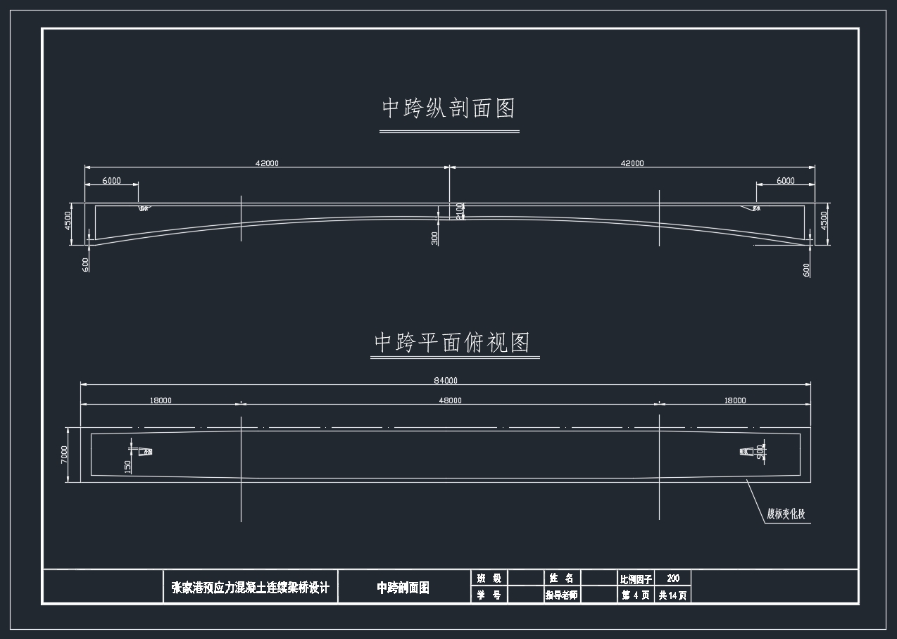 张家港预应力三跨变高度连续梁桥设计(54+84+54m)(含CAD图)